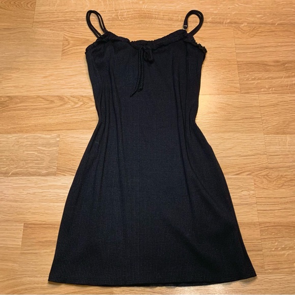 Urban Outfitters UO Black Ribbed Ruffle Spaghetti Strap Mini Dress Size S/XS - Picture 3 of 5